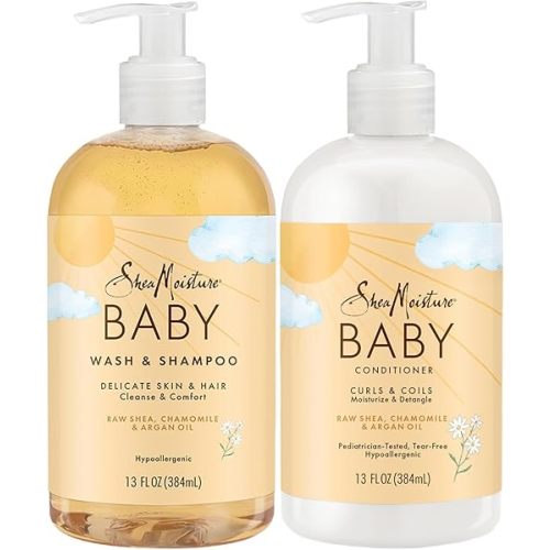 SheaMoisture Baby Essentials, Body Wash & Shampoo + Curls & Coils Conditioner, Detangler with Raw Shea, Chamomile & Argan Oil, Pediatrician-Tested, Hypoallergenic, Tear-Free, 13 Oz Ea