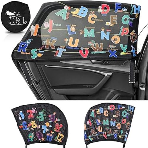 MOVINPE Car Window Shade for Baby, 2-Pack Breathable Mesh Rear Window Screens, Universal Stretchable Sun Shades, Heat and UV Block, Privacy Shield for Toddler Kids Babies (ABC+123)