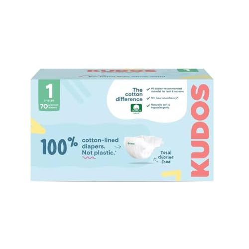 Kudos Chlorine Free Premium Diapers - 100% Cotton-Lined - Ultra Soft - Size 1-70 Count