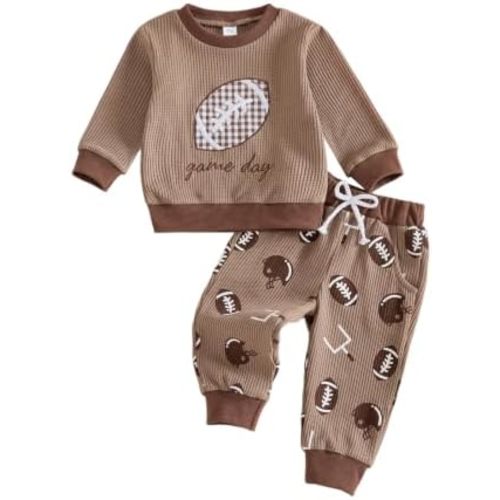 Baby Boy Football Outfit Fall Clothes Waffle Knit Game Day Toddler 2Pcs Set