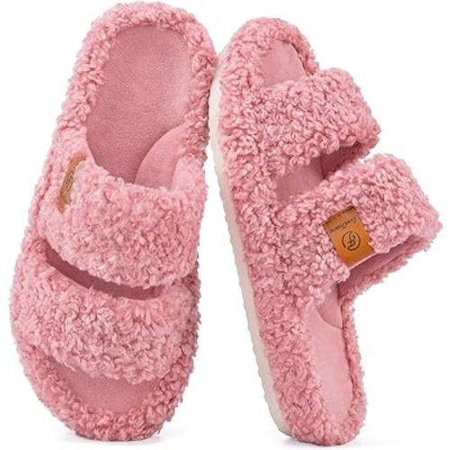 EverFoams Womens Fuzzy Open-toe Slippers Soft Comfy Memory Foam Indoor House Shoes