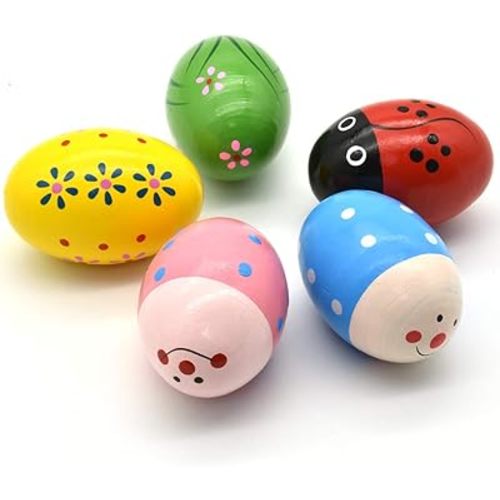 Hayder Wooden Easter Eggs Shakers Toys Maracas Kids Hand Shakers Percussion Musical for Party Favors, Classroom Prize Supplies, Easter Basket Stuffers Fillers, Easter Gifts for Children (5 Pack)