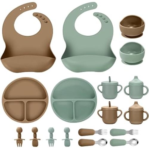 Silicone Baby Feeding Set, 18PCS Baby Led Weaning Supplies, Eating Essentials Utensils with Suction Plate and Bowl, Adjustable Silicone Bib, for 6+ Months (Green+Brown)