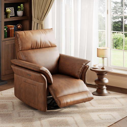 Power Recliner Chair for Living Room or Nursery – 270° Swivel Rocking Glider, Adjustable Recline, USB Charging Port, High-quality PU Leather, Double-Layer Armrests, Comfortable Single Seat, Orange