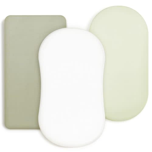 GRSSDER Stretchy Ultra Soft Fitted Bassinet Sheet 3 Pack, Universal Fit for Bassinets Baby Cradle Moses Basket Oval Rectangle Mattress Safe and Snug, Jersey Bassinet Sheets for Girls, White/Sage