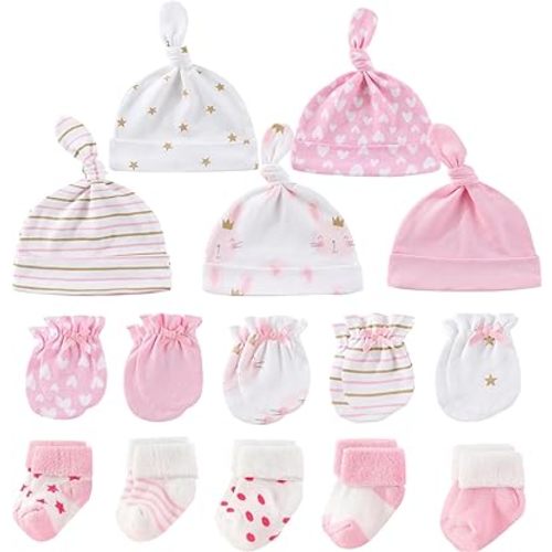 Newborn Baby Boy Girl Caps Mittens Socks Set Cotton Baby Essentials Accessories (Hats+Gloves+Socks)