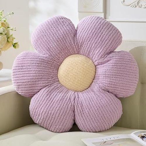 Cute Daisy Plush Throw Pillow, Purple Flower Shaped, 19.6" Seating Pillow, Home Decorative Floor Pillows