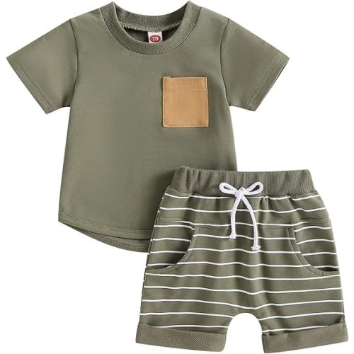 Baby Toddler Boy Clothes Summer Outfits 6 12 18 24 Months Patchwork Short Sleeve T Shirt & Shorts Sets with Pockets