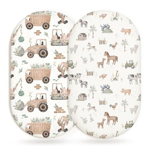 Bassinet Sheets for Baby Girls Boys 2 Pack, Fitted Baby Mattress Sheet for Rectangle, Oval, Hourglass Bassinet Mattress, Breathable Cozy & Universal Fit (Little Farm, Bassinet Sheet)
