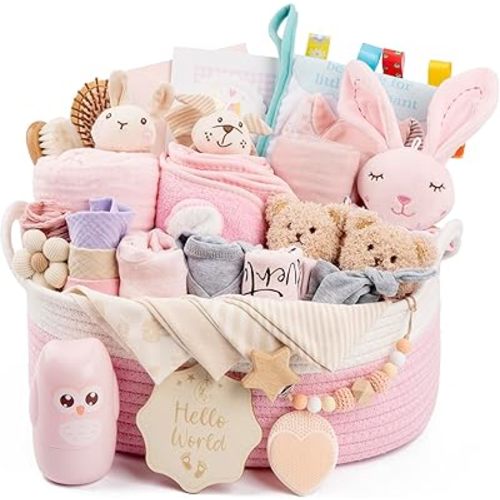 30 Piece Baby Gift Basket – Luxury Curated Baby Girl Gift Basket for Newborn, Premium All-in-One Baby Shower Gift Set, Essentials with Keepsakes for First Moments(Pink)