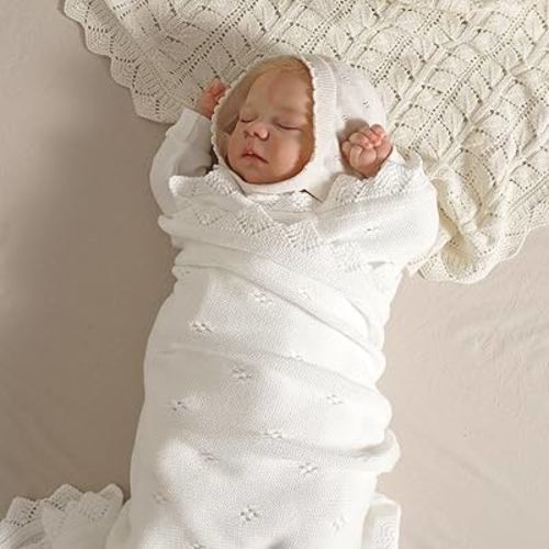 mimixiong Cotton Baby Blanket Knitted Crochet Receiving Crib Nursery Swaddling Blankets for Newborn Baby Boy Girl Off White 30x40 Inch