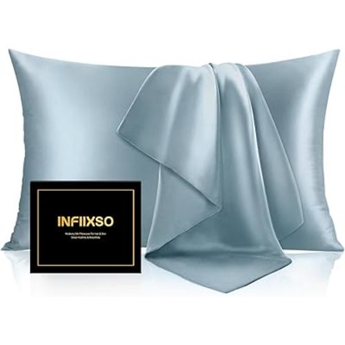 INFIIXSO Mulberry Silk Pillow Case for Hair and Skin, Silk Satin Pillowcase Standard Size with Hidden Zipper 20"x26", Extraordinary Smooth and Soft Cooling Pillow Cases for Hot Sleepers, Airy Blue