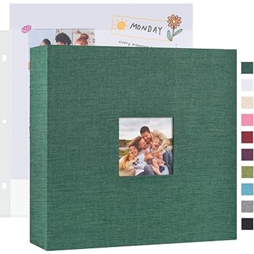 Mublalbum 12x12 Inch DIY Scrapbook Photo Album with 40 Plastic Sleeves 80 Pages Linen Cover 3 Ring Folder Binder for Wedding Baby Family and DIY Projects (Dark Green)