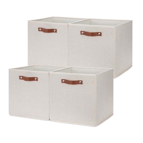 ANLEM Large Storage Baskets Set of 4 Bins Collapsible Storage Baskets,13x13 Storage Cube Bins with Handles,Foldable Storage Cube Bins for Shelves, Closet Storage Organizer Home Nursery Office(cream)