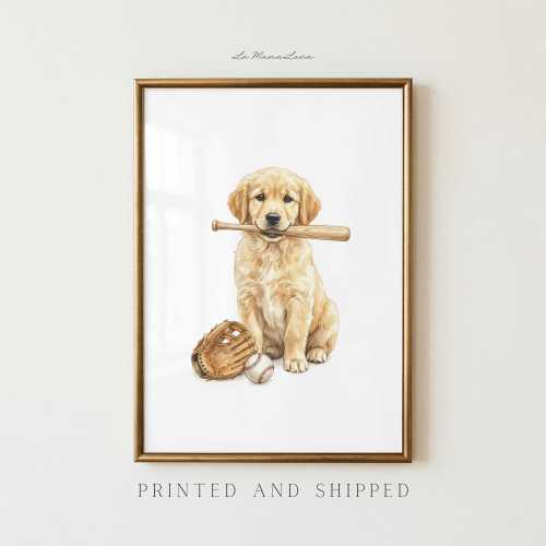 Baseball Golden Retriever Nursery Wall Art, Golden Retriever Puppy Print, Baseball Dog Decor, Sports Nursery Art, Dog Lover Baby Room Decor