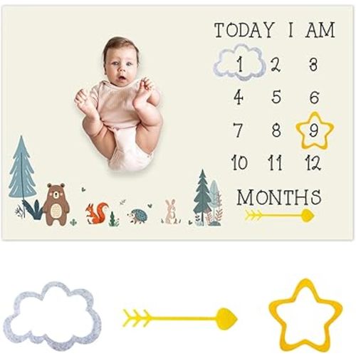 CSFOTO Cartoon Jungle Animal Baby Monthly Milestone Blanket Baby Shower Memory Picture Recording Blanket Newborn Growth Record Photo Shooting Background Prop, 60"x40" with Frame