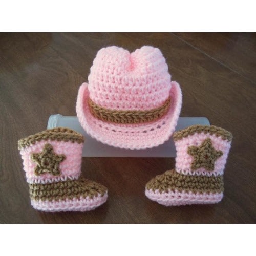 COWGIRL baby Hat & Boots, FREE SHIP brown pink Newborn to 3 months crochet Photo Prop Custom cowboy girl Halloween