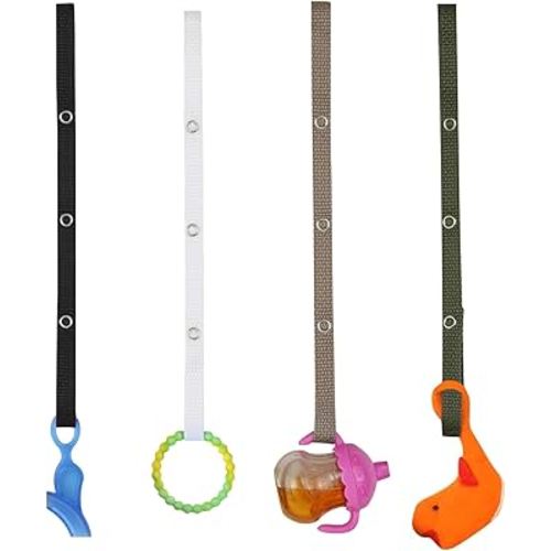 Baby Buddy Secure-A-Toy, Safety Strap Secures Toys, Teether, Pacifiers to Strollers, Highchairs, Car Seats, Adjustable Length, Keep Toys Sanitary, Registry Must Haves, White-Black-Tan-Olive, 4 Count