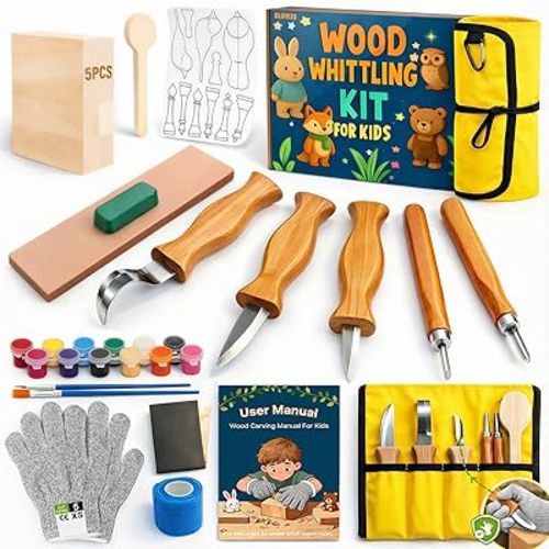 Wood Carving Whittling Kit for Kids: Wood Carving Tool Set with Round-Tip Safety Carving Knives, Cut-Resistant Gloves & Tape, Storege Bag - Hobby Gift for Teens Boys Beginners