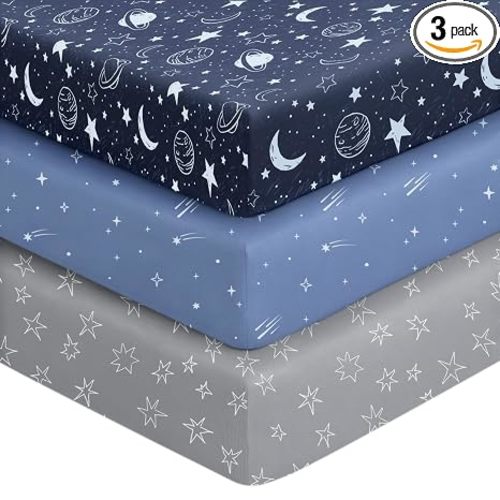 Unnivoll Baby Crib Sheets for Boys Girls, 28x52x8in Fitted Crib Sheet Neutral 3 Pack for Standard Crib and Toddler Mattress, Breathable Soft Microfiber Baby Sheet Blue Gray Planet
