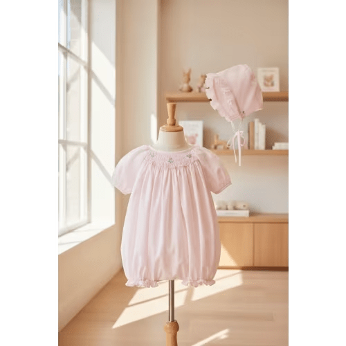 Petit Ami Pink 2pc Set: Preemie Bubble Romper & Bonnet for Baby Girls Premature