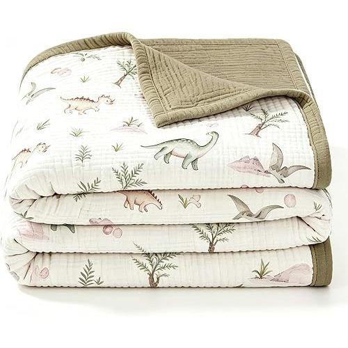 100% Cotton Muslin Baby Blanket, 4-Layer 47 x 47 Inch Reversible Swaddling Blanket, Soft Breathable Receiving Cover for Newborn to Toddler, Stroller and Nursery, Dino Adventure