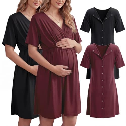 Cutecrop 2 Pack Labor and Delivery Gown for Hospital Maternity Nursing Short Sleeve Gown Button Back Birth Recovery Sleepwear