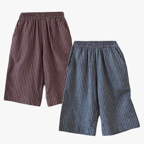 Ashmyova Casual Pants for Boys Girls Classic Linen Cotton Stripe Elastics Waist Spring Autumn Trousers Kids Long Pants 2Pcs