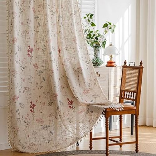 RoomTalks 63 Inches Boho Floral Curtains for Bedroom Dining Living Room Nursery Light Filtering, Country Modern Farmhouse Vintage Linen Window Curtain Panels Cute Aesthetic Bohemian Tassel Draperies