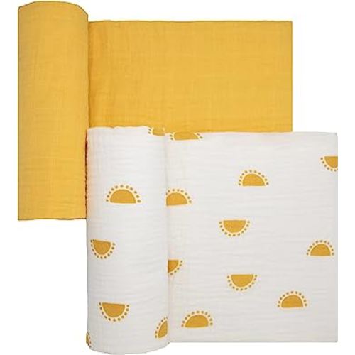 Sticky Toffee Muslin Swaddle Baby Blanket, Yellow Suns, 47 x 47 in, Soft Breathable Oeko-Tex Cotton Newborn Wrap and Receiving Blanket