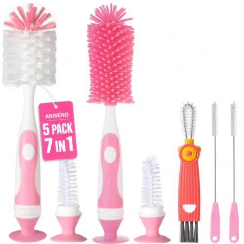 Ariseno 5-in-1 Baby Bottle Brush Set, Including Nylon and Silicone Bottle Brush, Cap, Straw, Nipple Brushes, BPA-Free (Pink)
