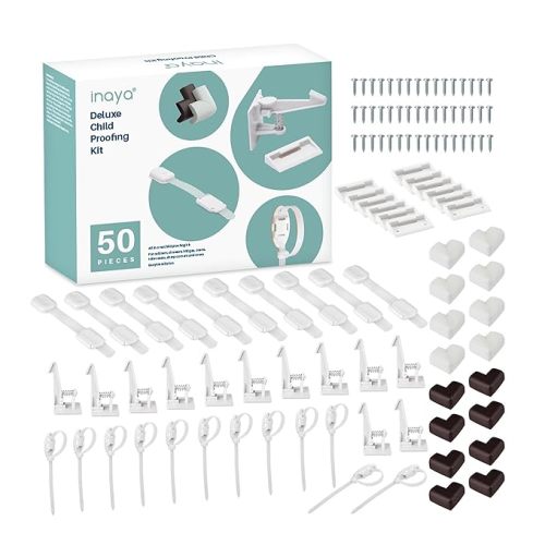 Inaya Complete 50pc Deluxe Baby Proofing Kit - Flexible Hidden Baby Locks for Cabinets and Drawers, Adjustable Child Safety Latches, Corner Guards & Furniture Anchors