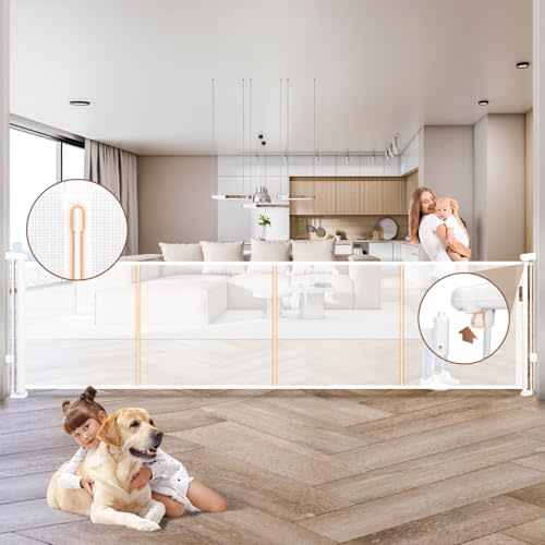 200.1" Retractable Baby Gate Extra Wide, 41" Tall Retractable Dog Gate for Stairs, Doorways, Decks, Mesh Gate Long Child Gate Pet Gate for Indoor, Outdoor, with Reinforced Mesh Rods, Dual Locks
