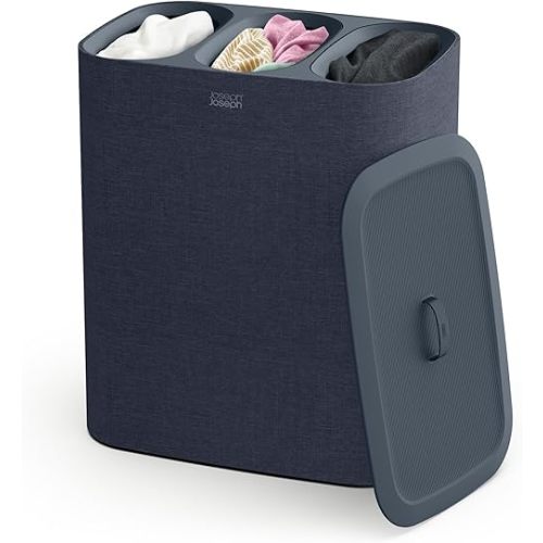 Joseph Joseph Tota Trio 90 liter/23.8 gallon Laundry Hamper Separation Basket with lid, 3 Removable Washing Bags with Handles- Dark Blue