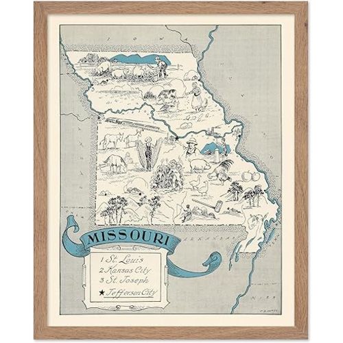 Poster Master Vintage Poster - Retro Missouri Print - Missouri State Art - Gift for Teacher, Student, Travel Lover - Wall Decoration for Classroom, Office, Dorm, 11x14 Beige Framed