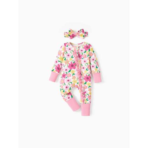 Bamboo Baby Boy/Girl Animal Printed 2-Way Zip Onesies Anti Slip Long-sleeve Footie with Hairband Dark Pink