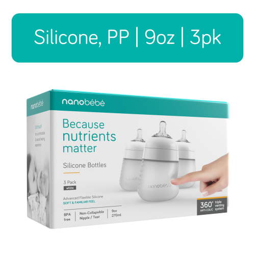 Nanobebe White 9oz Anti-Colic Flexy Silicone Baby Bottles | 3 Pack