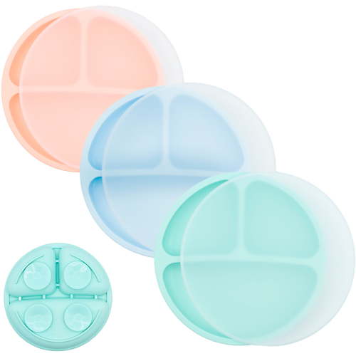 WeeSprout Suction Plates with Lids for Babies & Toddlers, 100% Silicone, Dinnerware Stays Put, 3-Pk