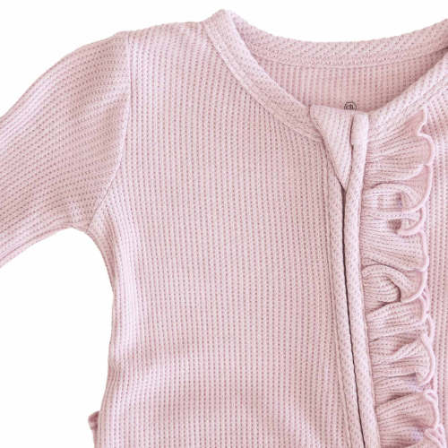 Embroidered Bamboo Waffle Zipper Ruffle Footie in Elderberry | Caden Lane