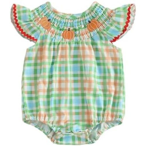 Kayotuas Newborn Baby Girls Smocked Bubble Romper Cute Embroidery Ruffle Gingham Bodysuit Dress Infant Toddler Summer Clothes