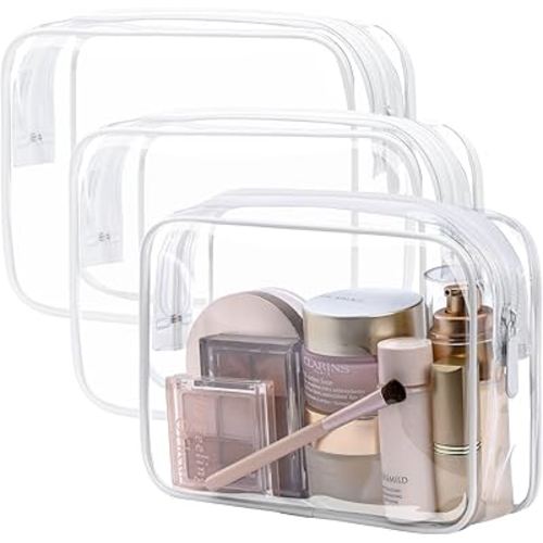 PACKISM TSA Approved Toiletry Bag, 3 Pack Clear Makeup Bag, Travel Makeup Cosmetic Pouch for Women, Carry on Airport Airline Compliant Bag, White (for age 12 or above)