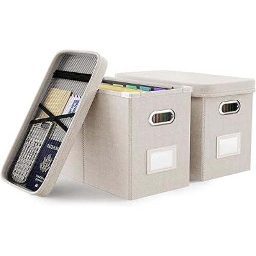 Oterri File Organizer With Lid, Hanging Filing Box With Mesh Pocket, Document Organizer for Letter Files, Portable Storage With Smooth Sliding Rail for Office & Home (2 PCS, Beige)