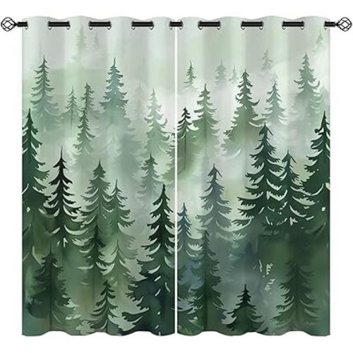 Nature Forest Blackout Curtains for Girls Boy Home Decor, Misty Sage Green Fog Woodland Pine Tree Grommet Thermal Insulated Drapes Darkening Window Curtain for Bedroom Living Room, 42 x 45 Inch