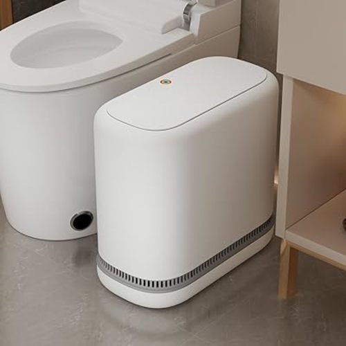 O-MART Bathroom Trash Can with Lid, Slim 3.2 Gallon Vacuum adsorption Garbage Bin, Narrow Press Top Waste Basket for Odor Control & Dog Proof for Bathroom Bedroom Office Home