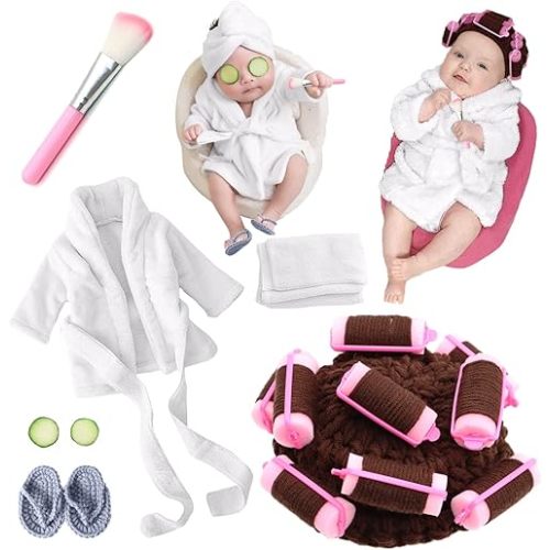 SPOKKI Newborn Photography Props Newborn Girl Photoshoot Outfits Crochet Baby Curler Hat with Makeup Brush for Infant Boys Girls (White)