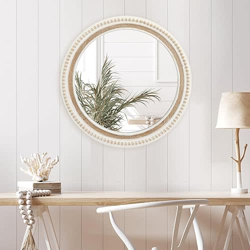 24" Round Wall Mirror, Distressed White Wood Beaded Boho Mirror, Farmhouse Decoartive Mirror for Bedroom, Living Room, Bathroom, Entryway