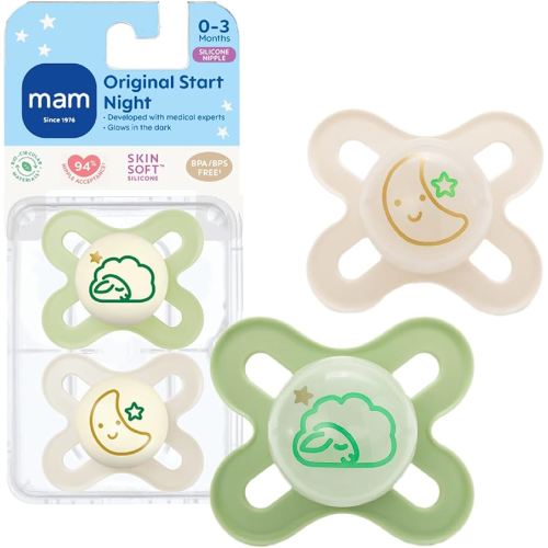 MAM Original Start Night Baby Pacifiers, Binky for 0-3 Months, BPA-Free Silicone Nipple, Easy to Clean, Best for Newborn Babies, Developed with Medical Experts, 2 Count Binkies with Sterilizer Case