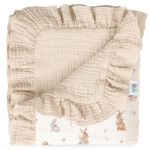 lulumoon Muslin Baby Blanket for Girls: 100% Cotton Ruffle Swaddle Blanket | Soft Reversible Crib Blanket for Newborn and Infant - Lightweight for Stroller, Nursery Decor & Travel 40"x36"(Bunny)