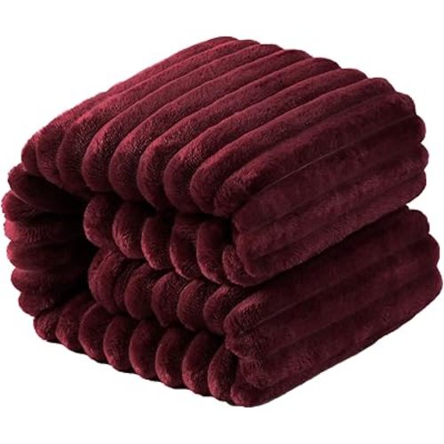NTBAY Plush Flannel Oversized Baby Blanket, 50X60 Inches Soft and Warm Toddler Blanket with Striped Texture Nursery Bed Blanket for Stroller, Crib, Travel, Baby Gift, 50"x60", Wine Red