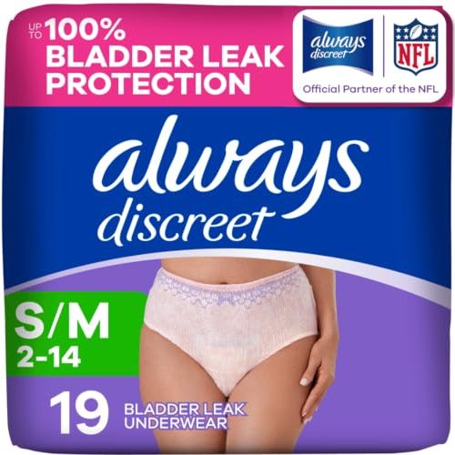 Always Discreet Adult Diapers for Women, Incontinence Underwear, Postpartum Essentials, Disposable Briefs, Max Absorbency, Bladder Leak Protection, Small/Medium, 19ct
